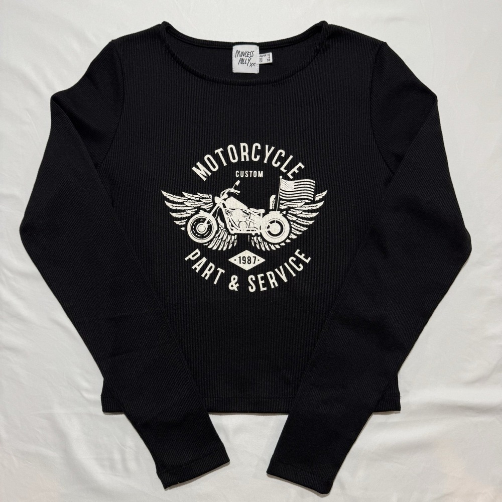 Princess Polly Motorcycle Parts & Service Long Sleeve Ribbed Top Black Size 6